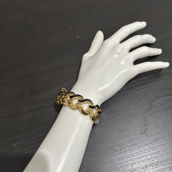Vtg Monet Gold Tone MCM Chunky Link Bracelet w/ Safety Chain Heart Black Enamel - Picture 1 of 8